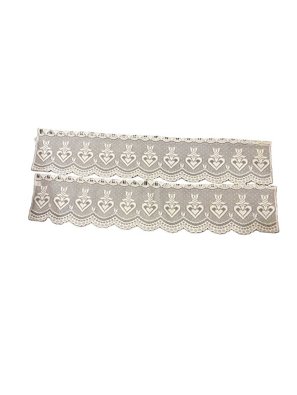 VTG Lace Window Valance White Granny Floral Hearts Cottagecore Victorian
